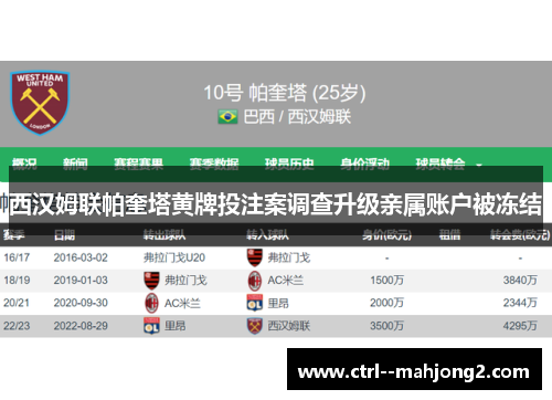 西汉姆联帕奎塔黄牌投注案调查升级亲属账户被冻结 西汉姆联帕奎塔黄牌投注案调查升级亲属账户被冻结