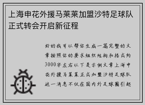 上海申花外援马莱莱加盟沙特足球队正式转会开启新征程